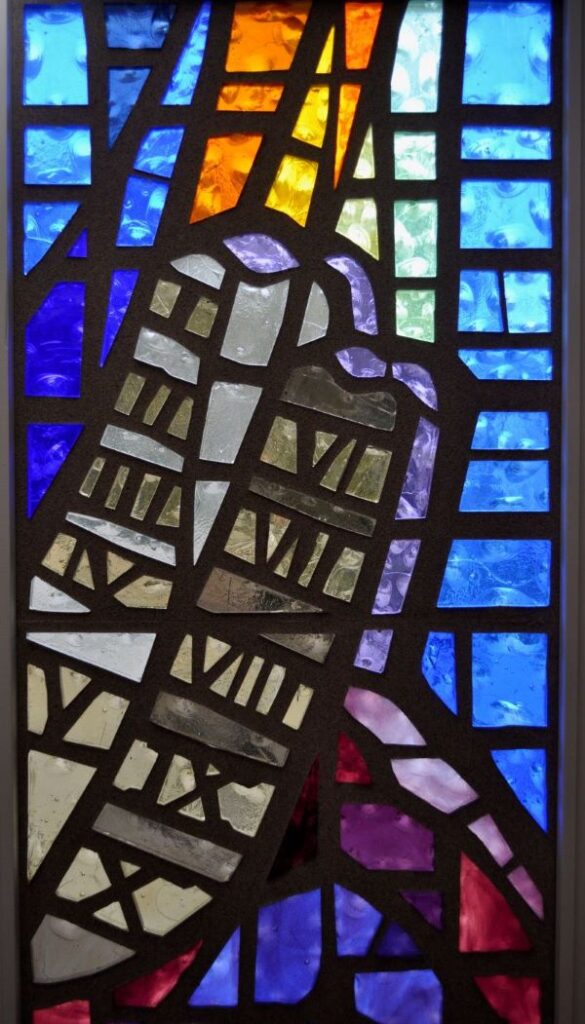 Stained glass window of two tablets representing the Exodus story of the Ten Commandments