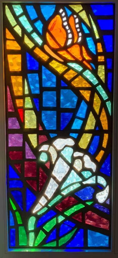 Stained glass window of a butterfly and an opened flower representative of the Matthew, Mark and Luke stories of the Resurrection of Jesus