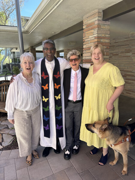 Picture of Tina, Pastor Mantu, music Director Michelle Brown and Dr. Heidi Joshi (spouse of pastor with her guide dog)