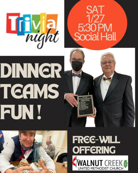 This is one of the best all church events of the year.  It has great people, raises lots of money and it’s FUN!
 
Twelfth All-Church Trivia Challenge
 Saturday, January 27, 2024 in the Social Hall
5:30 p.m. Dinner (free will donation gladly 
accepted) 
6:30 p.m.... “The Challenge”
Start getting your team together TODAY!
Here’s what you need- up to 8 on a team, $5.00 donation per person, a prize per team (a themed basket which can be shared), and a team name.
The winner last year was “Brains Before Beauty” - an all female team!!!
Btw Brains Before Beauty raised the most money for the 5th time. Over $1200!
Encourage people to donate to WCUMC for Children’s and Youth camps and 
activities, and other church activities.
 


