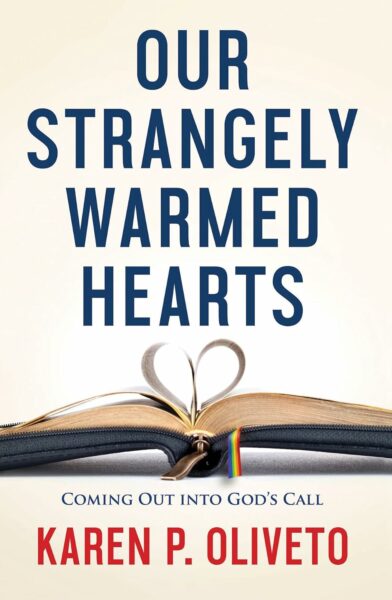 A book is opened with the middle pages forming a heart. Strangely warmed hearts by Karen Oliveto.