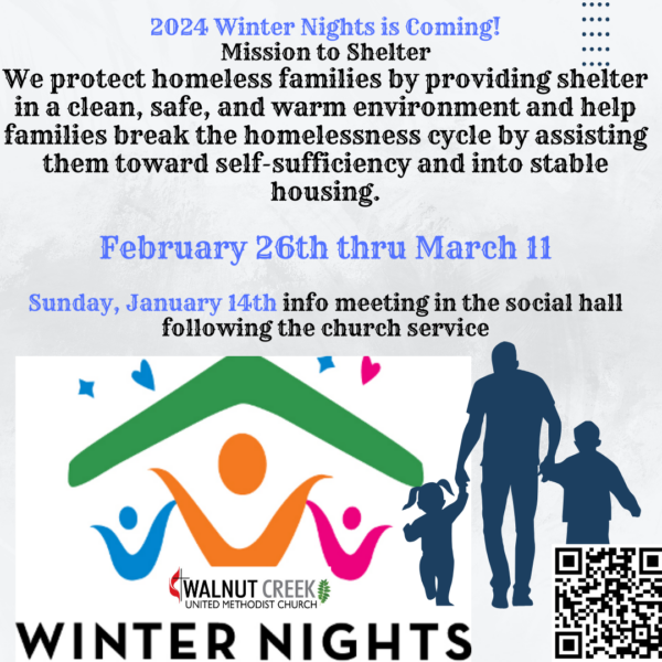 2024 Winter Nights is Coming! Mission to Shelter We protect homeless families by providing shelter in a clean, safe, and warm environment and help families break the homelessness cycle by assisting them toward self-sufficiency and into stable housing. February 26th thru March 11 Sunday, January 14th info meeting in the social hall following the church service.We protect homeless families by providing shelter in a clean, safe, and warm environment and help families break the homelessness cycle by assisting them toward self-sufficiency and into stable housing
